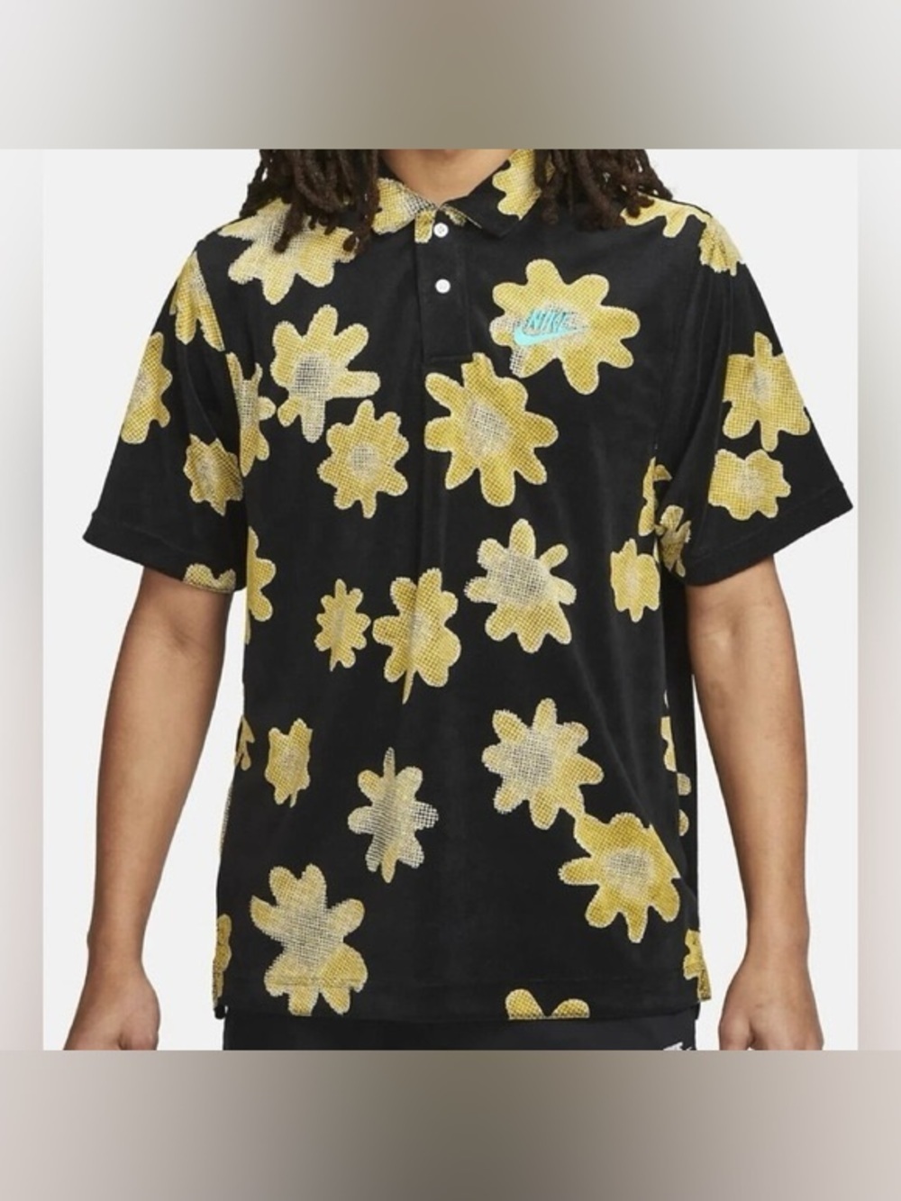 Nike |Black Oversized Polo Yellow Daisy Print Allover Towel Material Size Medium